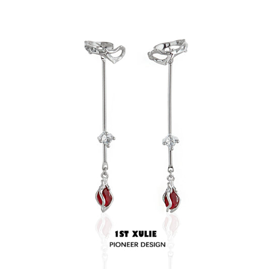 Elegant 1STXULIE rose ear hangers featuring a sleek design with red accents and sparkling crystals