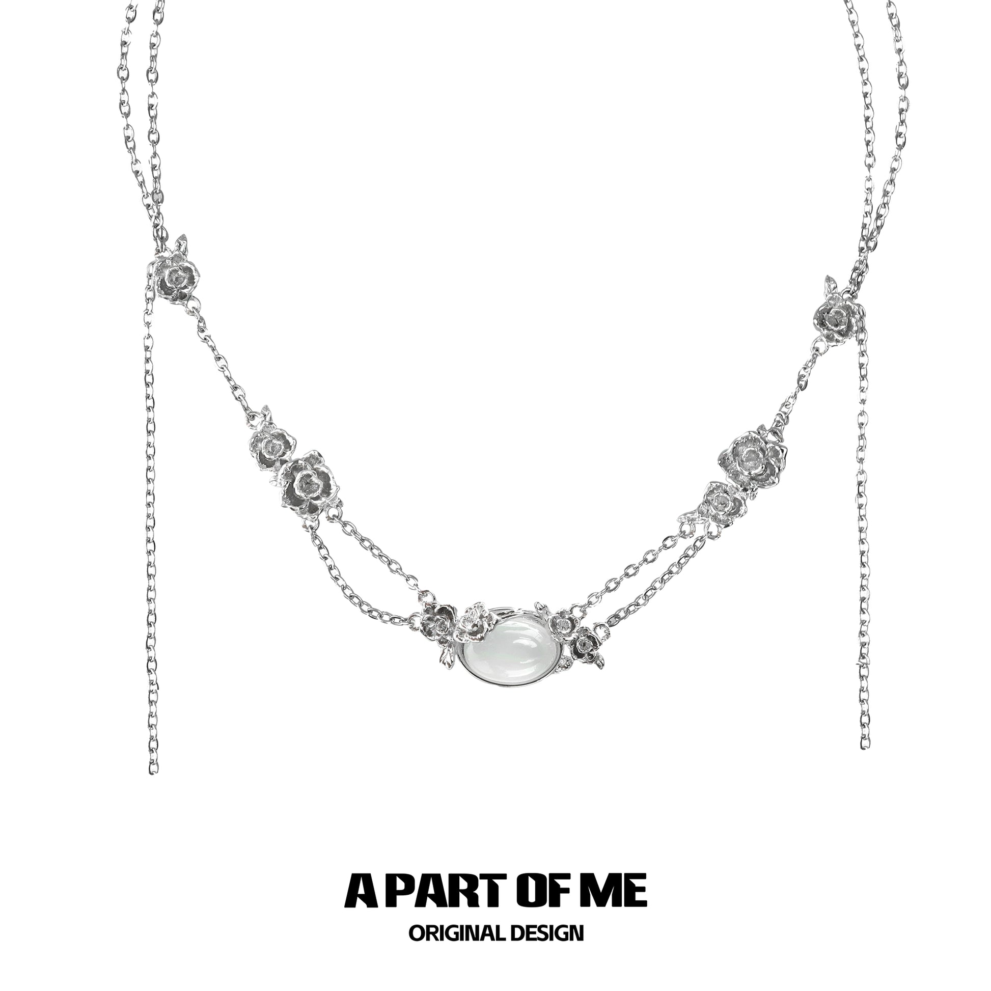 Elegant rose silver necklace with floral accents and a central gemstone design
