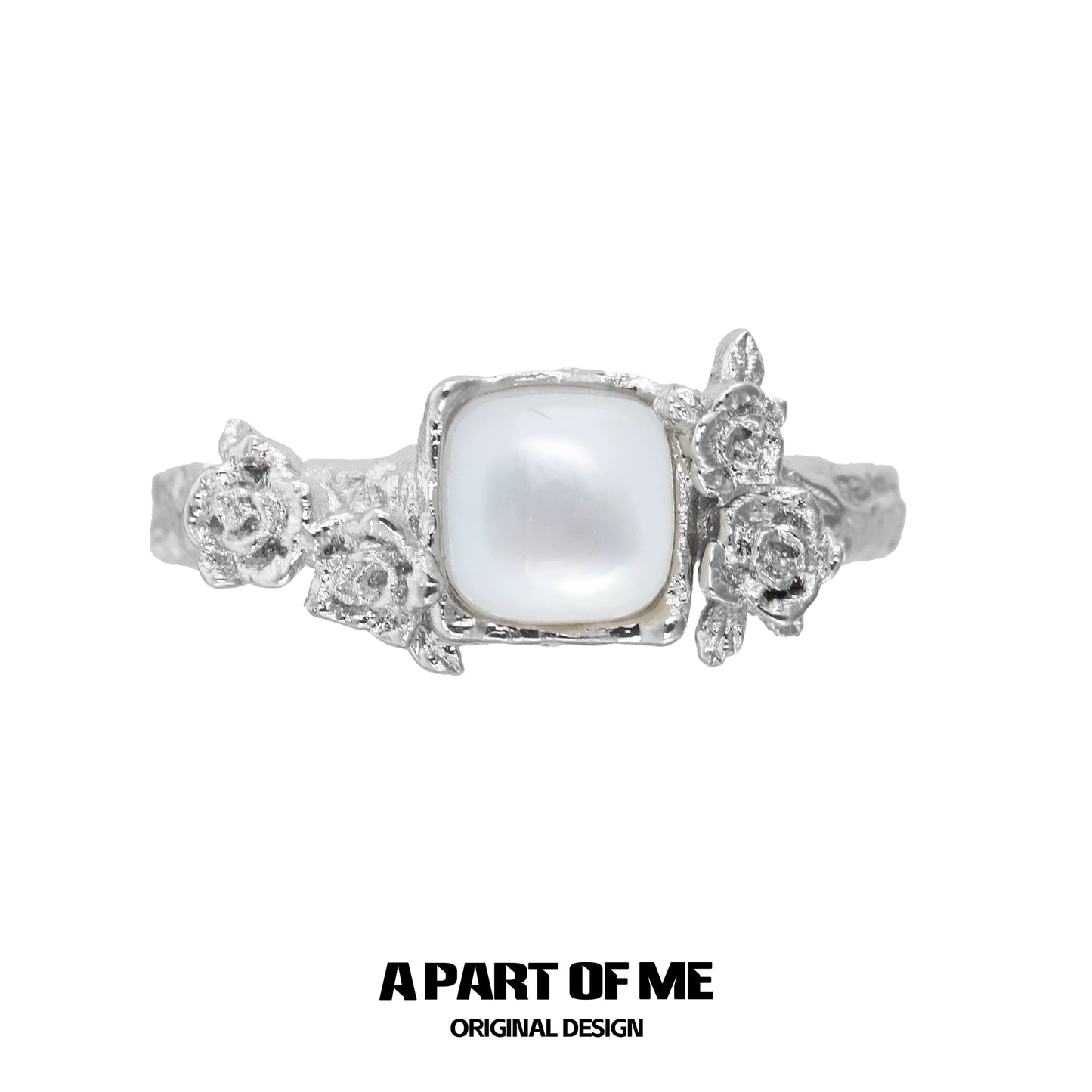 A Part of Me rose silver ring featuring a square pearl and detailed flower accents