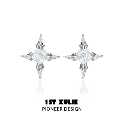 Elegant sacred rose cross earrings with silver finish and sparkling accents for a stylish look