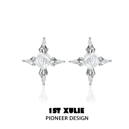 Elegant sacred rose cross earrings with silver finish and sparkling accents for a stylish look