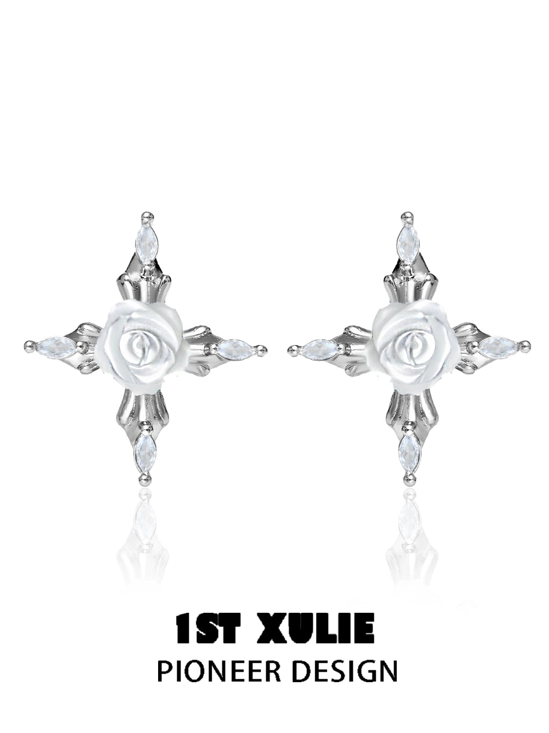 Elegant sacred rose cross earrings featuring a white rose and sparkling accents for a unique look