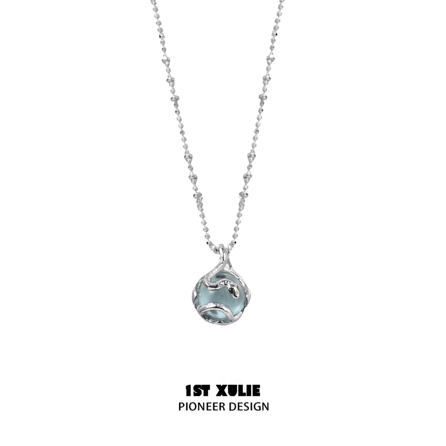 Serpent silver necklace featuring a unique design with a gemstone pendant by 1ST XULIE