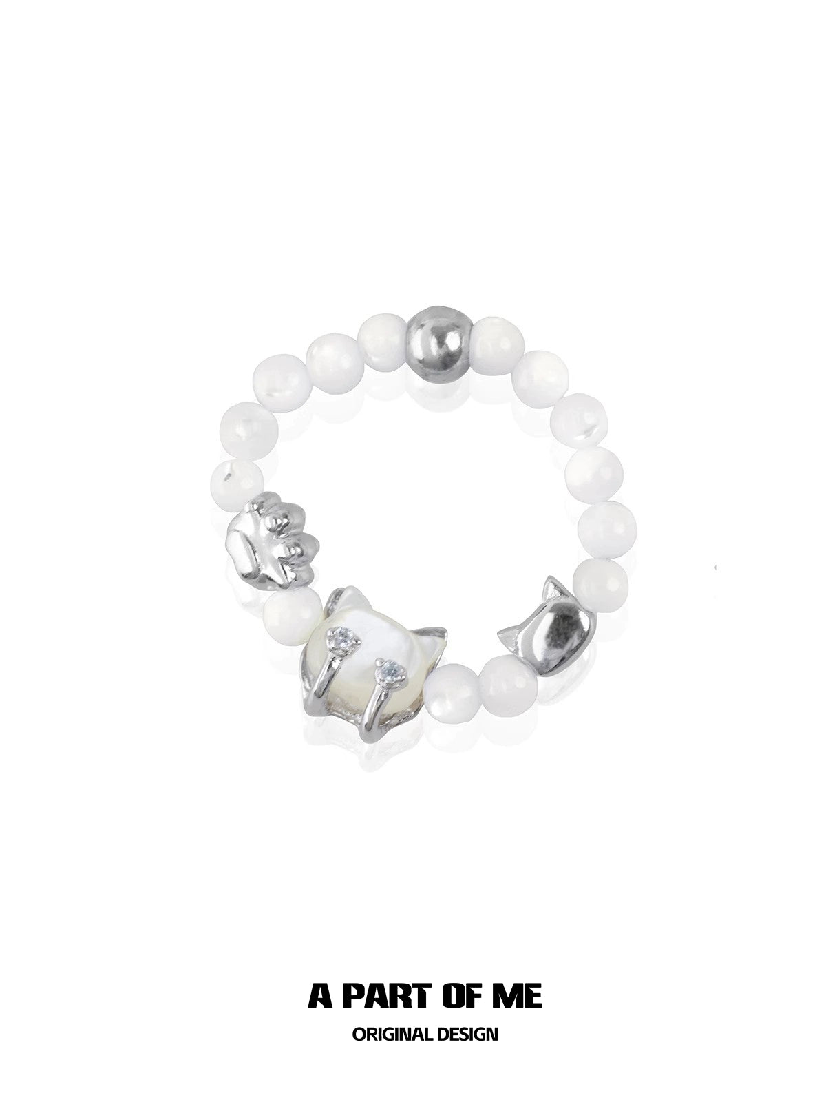 Shell cat beaded ring featuring silver cat charms and white beads for a unique jewelry piece