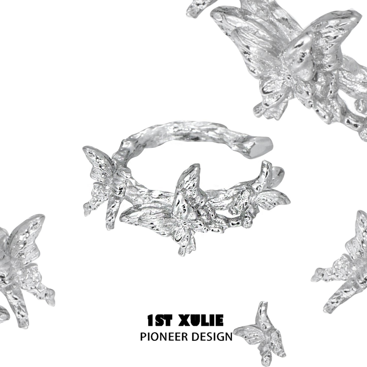 Elegant silver butterfly ear cuff featuring intricate butterfly and floral designs by 1ST XULIE