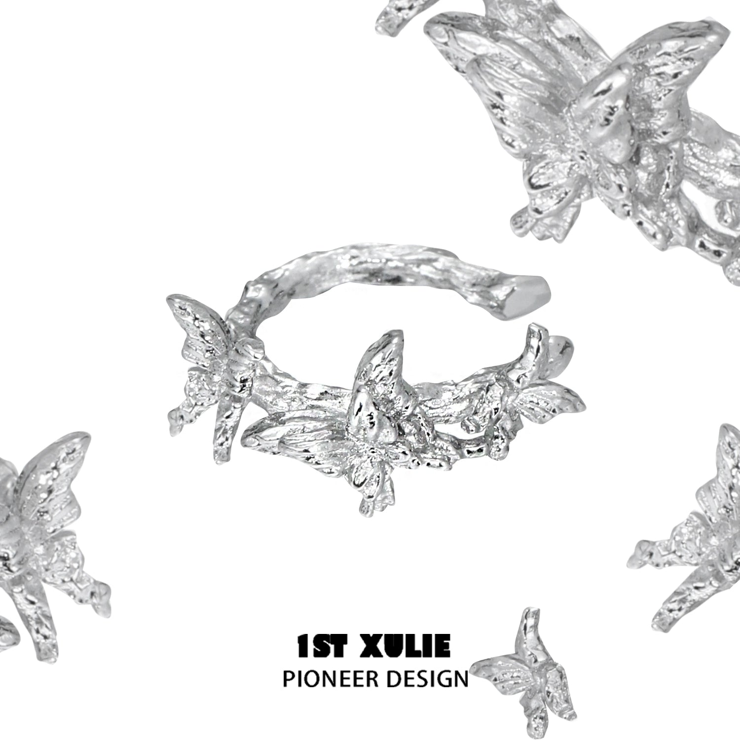 Elegant silver butterfly ear cuff featuring intricate butterfly and floral designs by 1ST XULIE