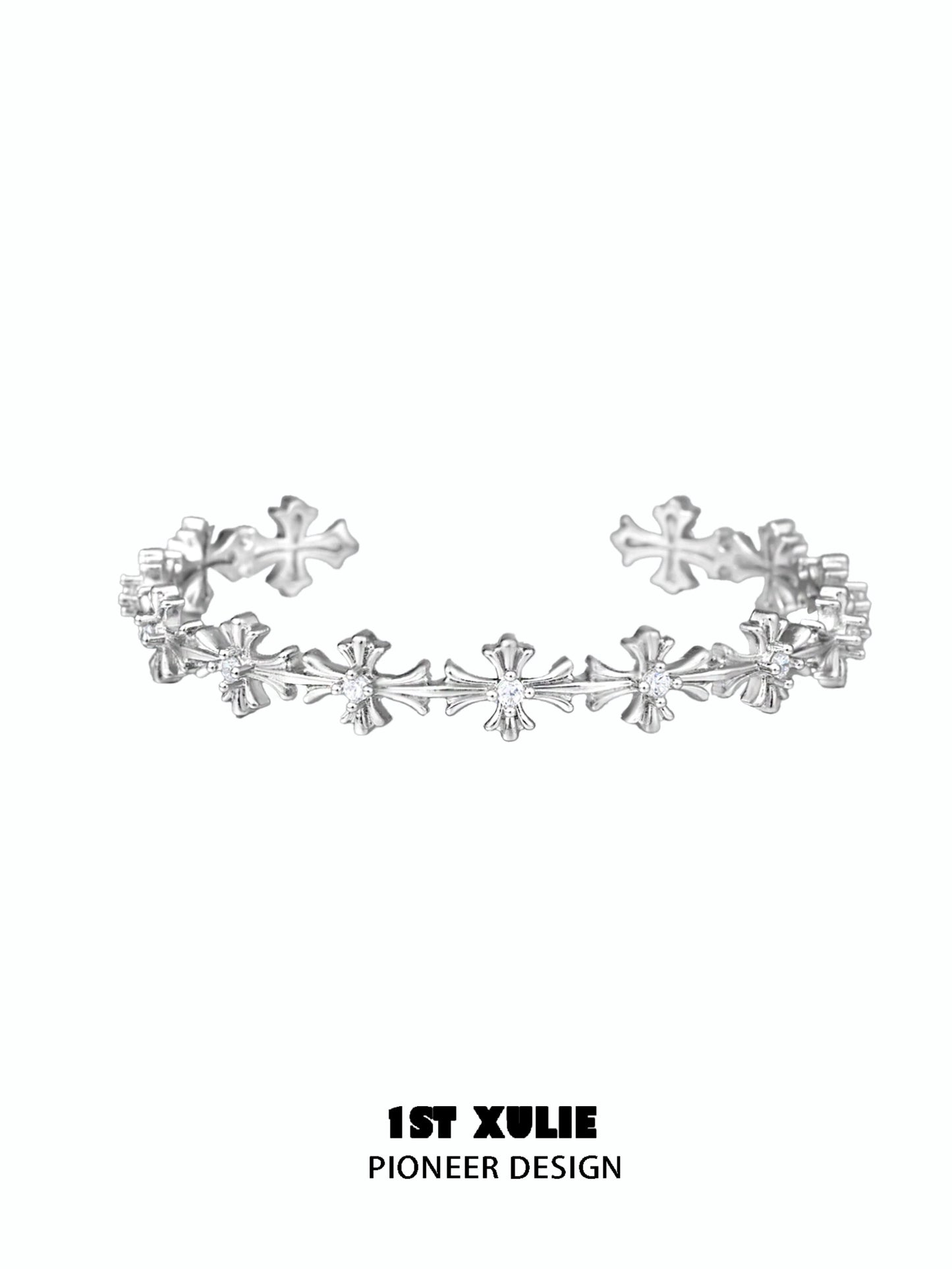 Elegant silver cross bracelet from 1STXULIE featuring a unique pioneer design