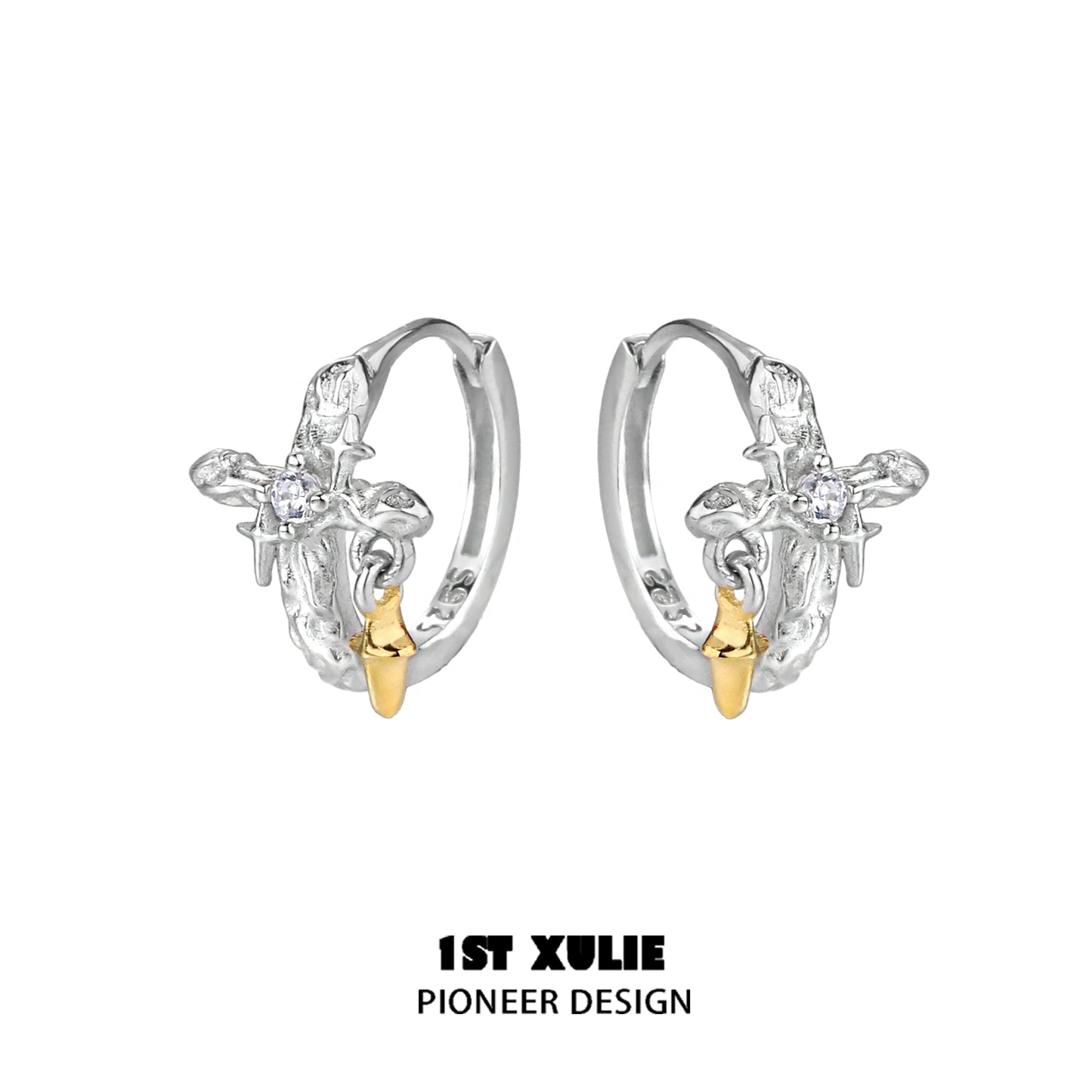Silver Cross Ear Clips by 1STXULIE featuring a unique design with gold accents