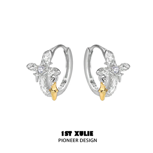 Silver Cross Ear Clips by 1STXULIE featuring a unique design with gold accents