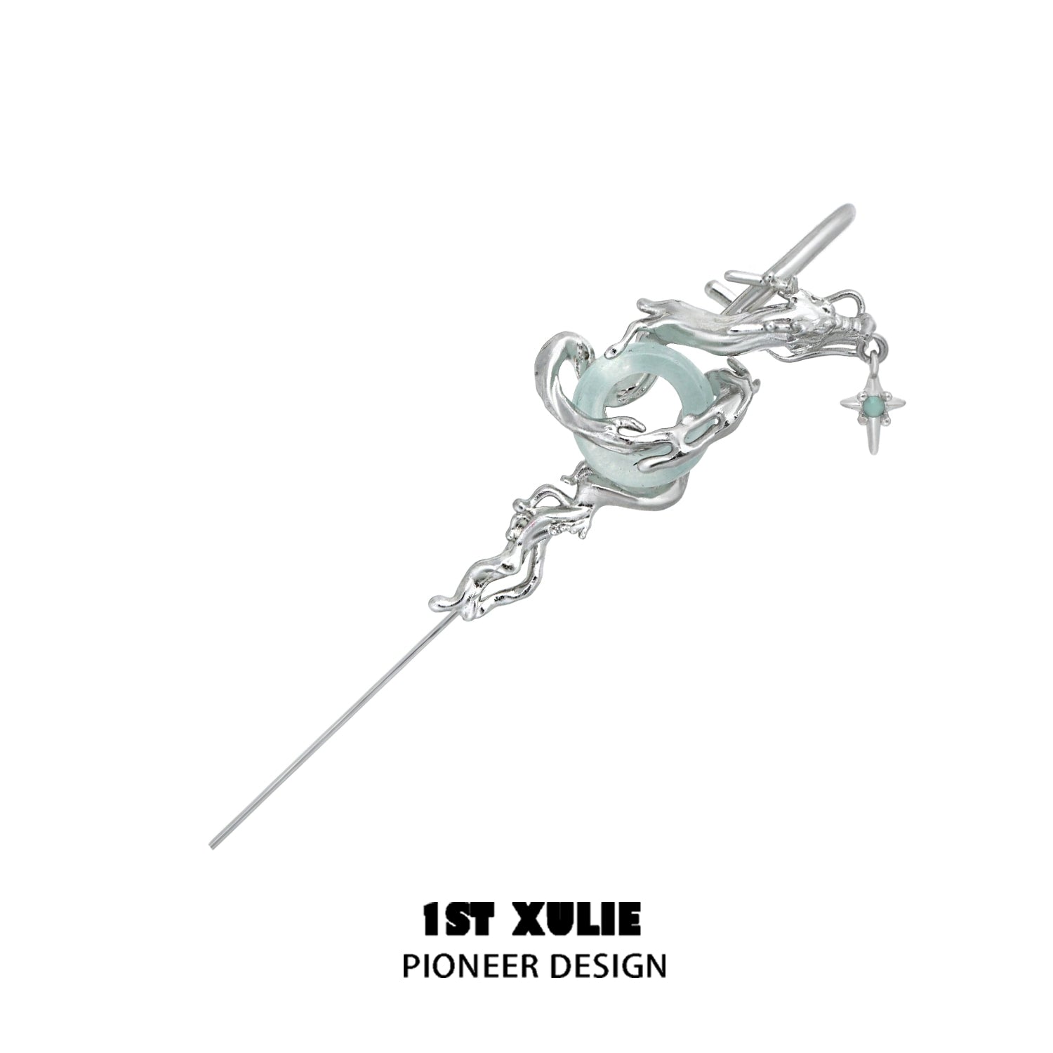 Unique silver dragon ear piercing with intricate details and a gemstone accent for a stylish look