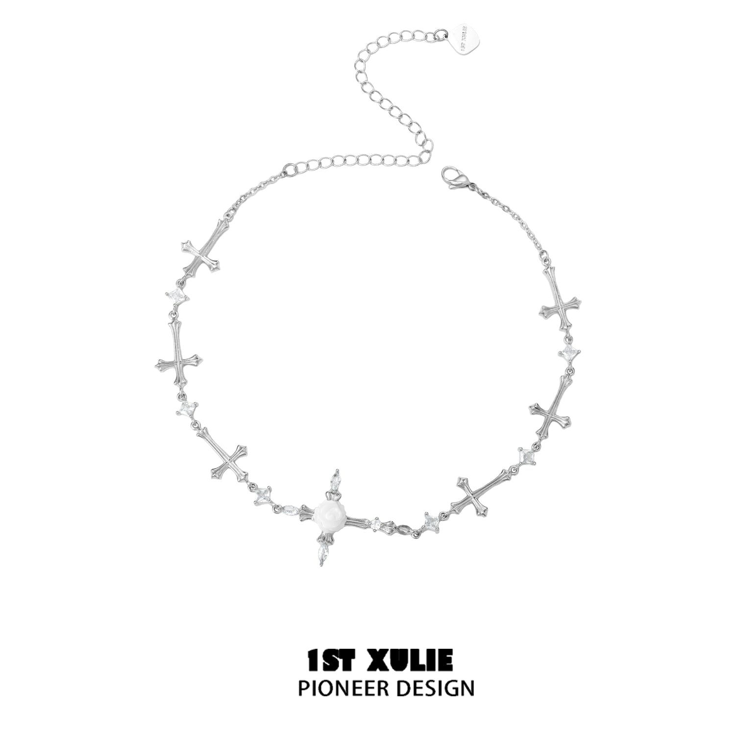 Elegant silver rose cross necklace featuring intricate cross designs and a central gemstone