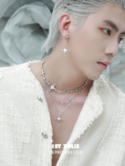 Stylish Model Wearing a Silver Rose Cross Necklace with Elegant Layered Design