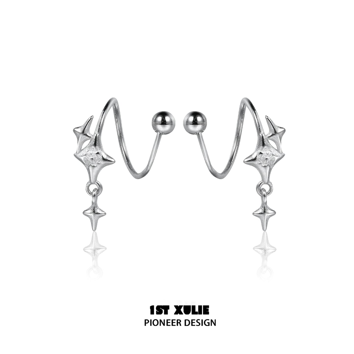 Stylish silver star earrings with a unique wave design and dangling star charms