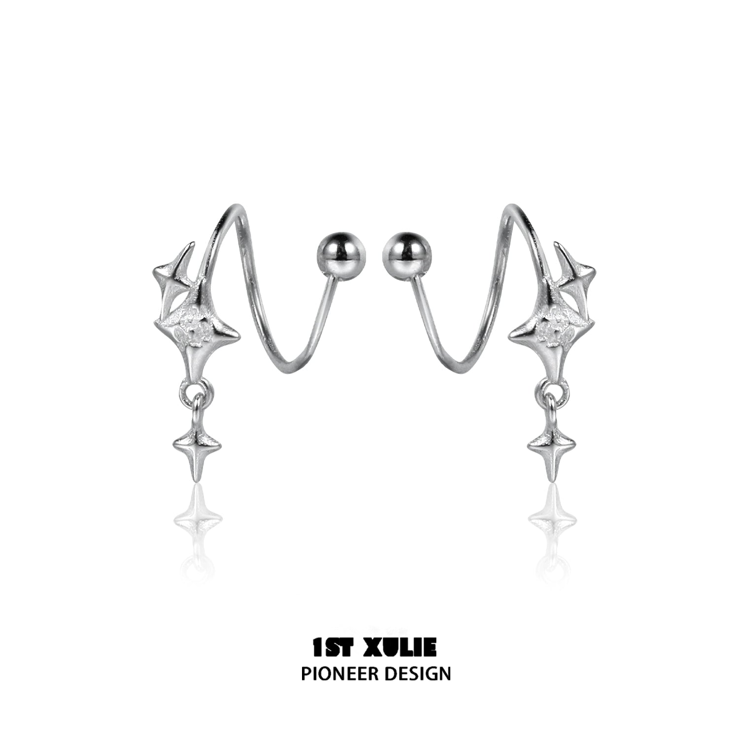 Stylish silver star earrings with a unique wave design and dangling star charms