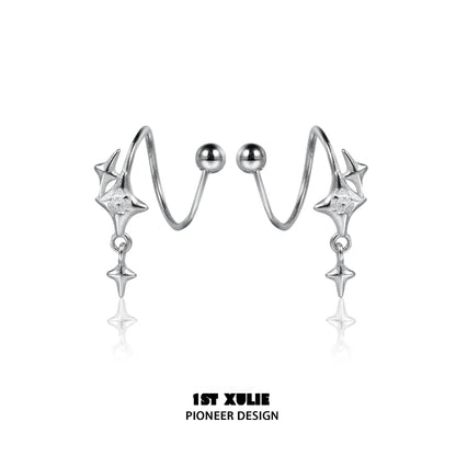 Stylish silver star earrings with a unique wave design and dangling star charms