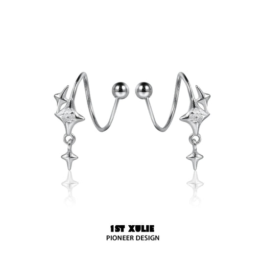 Stylish silver star earrings with a unique wave design and dangling star charms