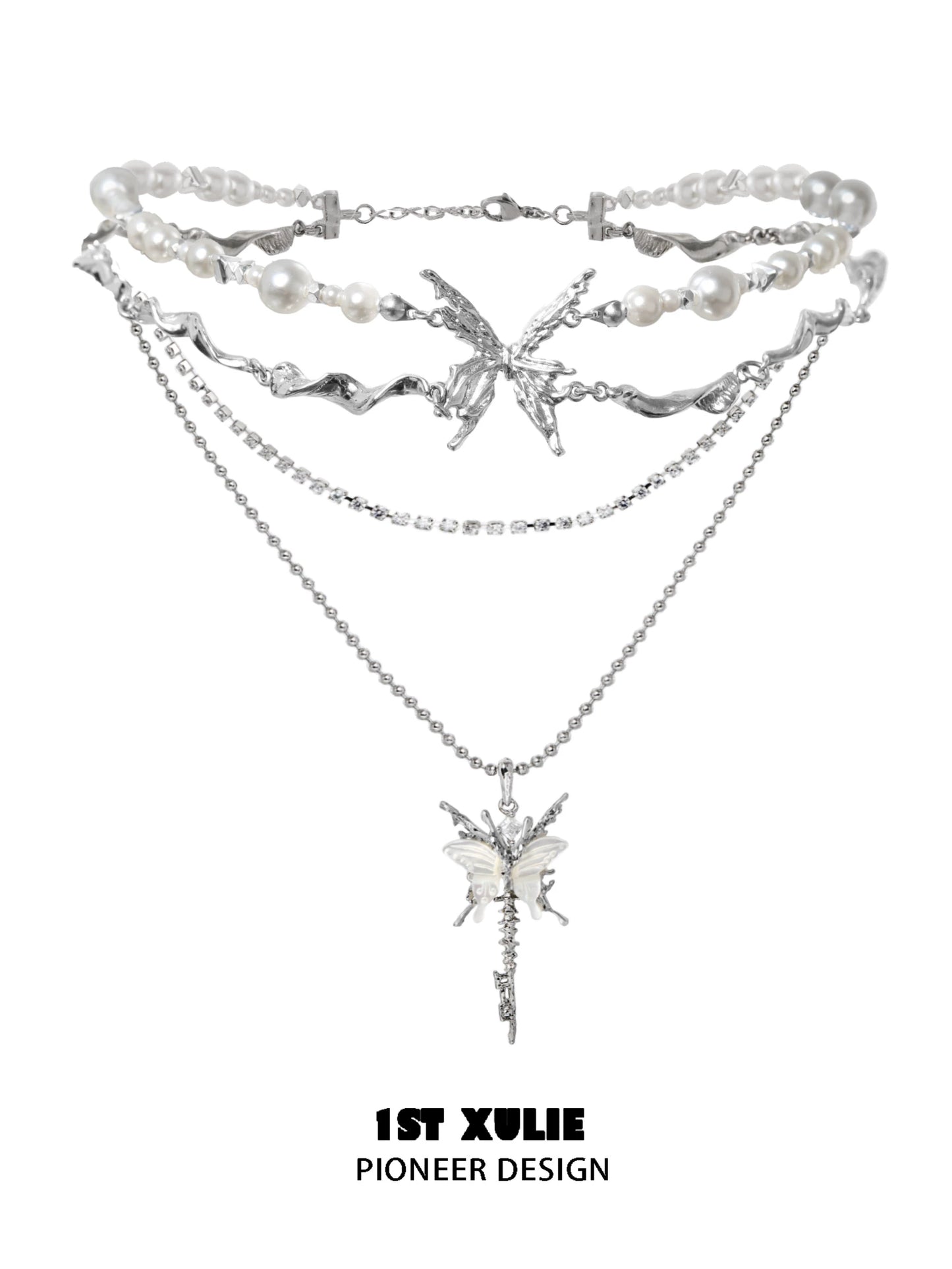 Skeleton butterfly pearl necklace with layered silver chains and elegant pearl accents