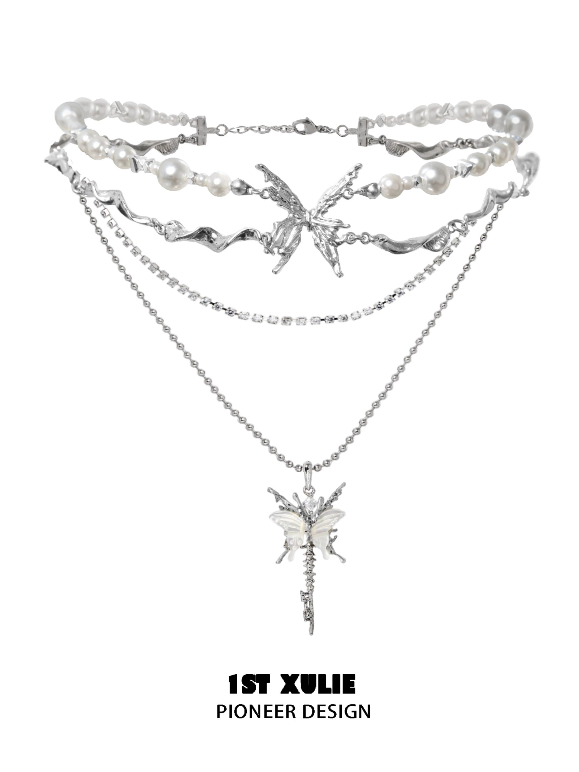 Skeleton butterfly pearl necklace with layered silver chains and elegant pearl accents