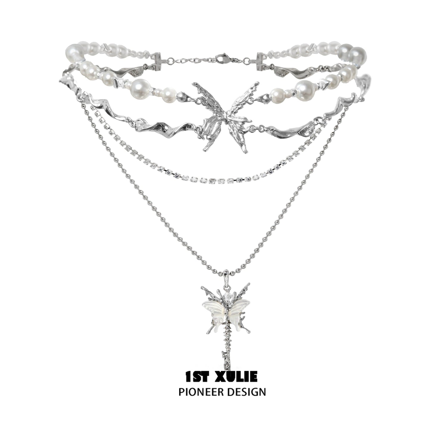 1ST XULIE skeleton butterfly pearl necklace with layered silver chains and delicate pearl accents
