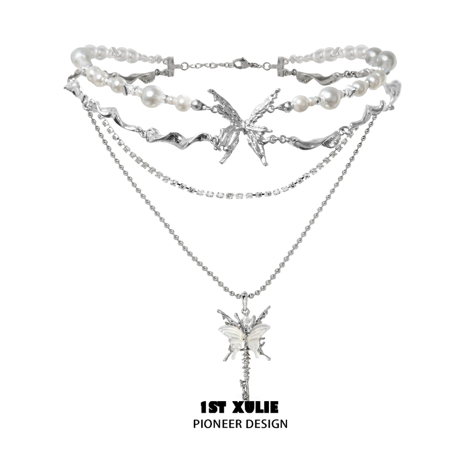 1ST XULIE skeleton butterfly pearl necklace with layered silver chains and delicate pearl accents