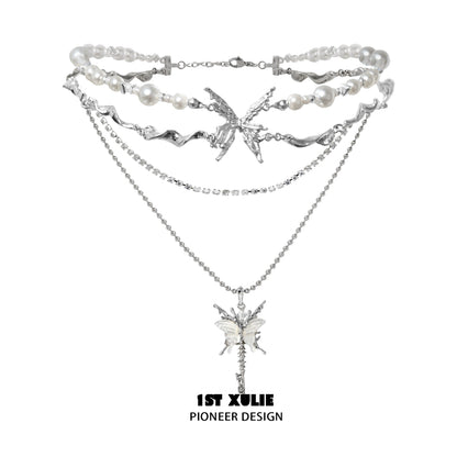 1ST XULIE skeleton butterfly pearl necklace with layered silver chains and delicate pearl accents