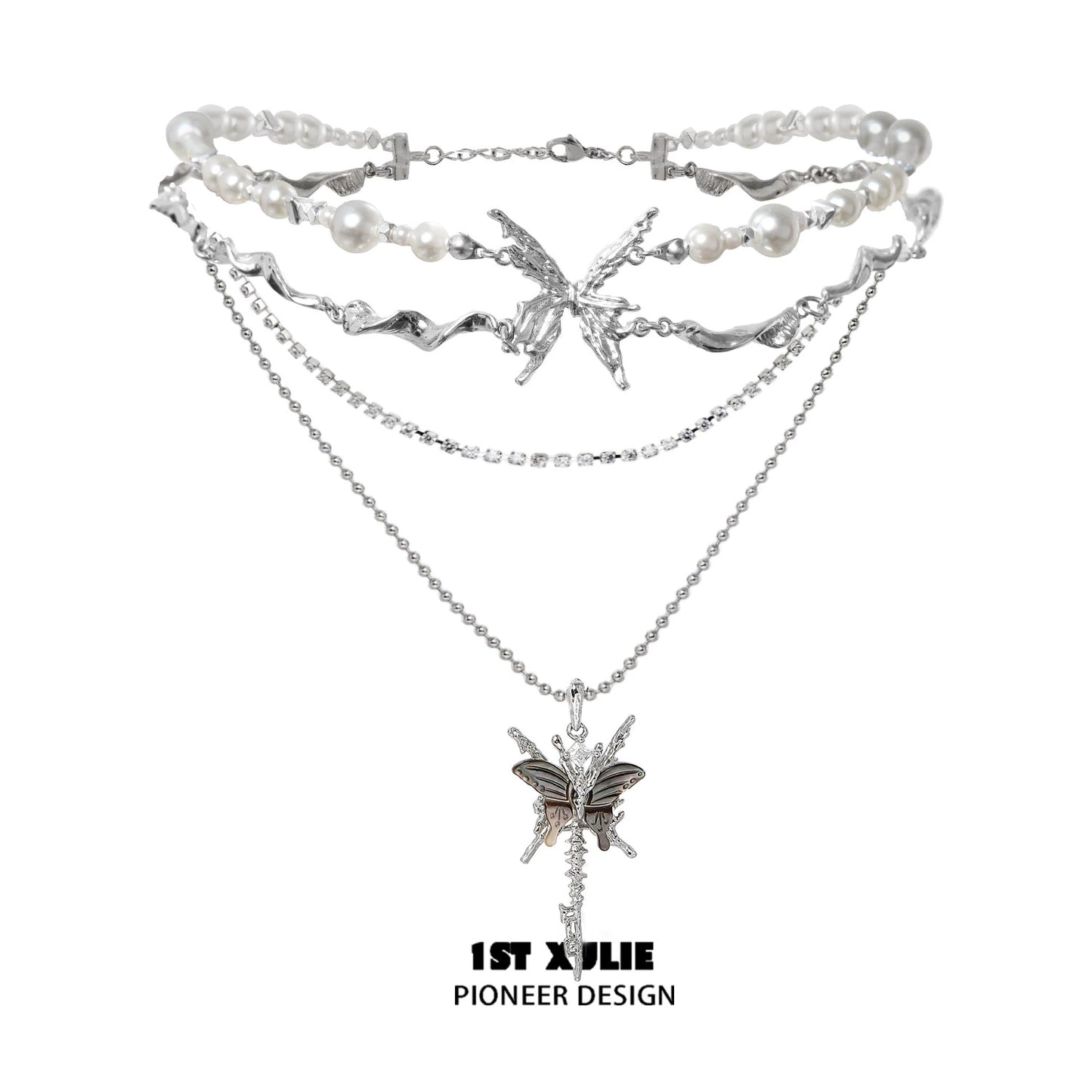 Layered skeleton butterfly pearl necklace with silver chains and detailed butterfly pendant