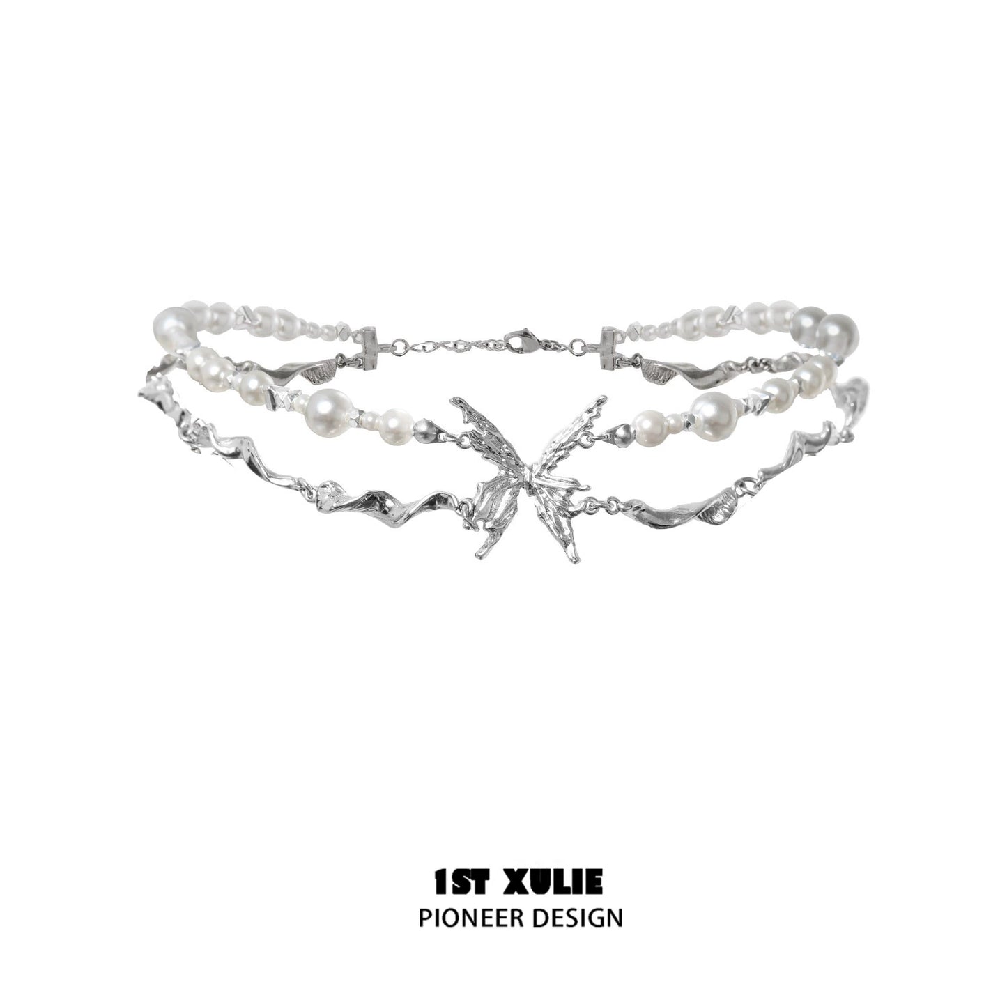 Stylish skeleton butterfly pearl necklace featuring silver-tone accents and elegant design