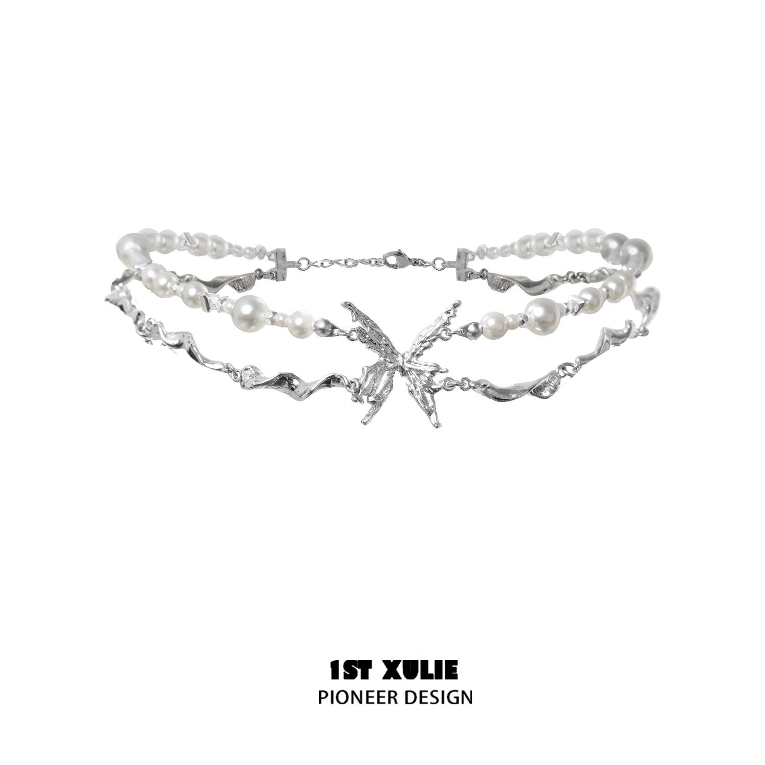 Stylish skeleton butterfly pearl necklace featuring silver-tone accents and elegant design