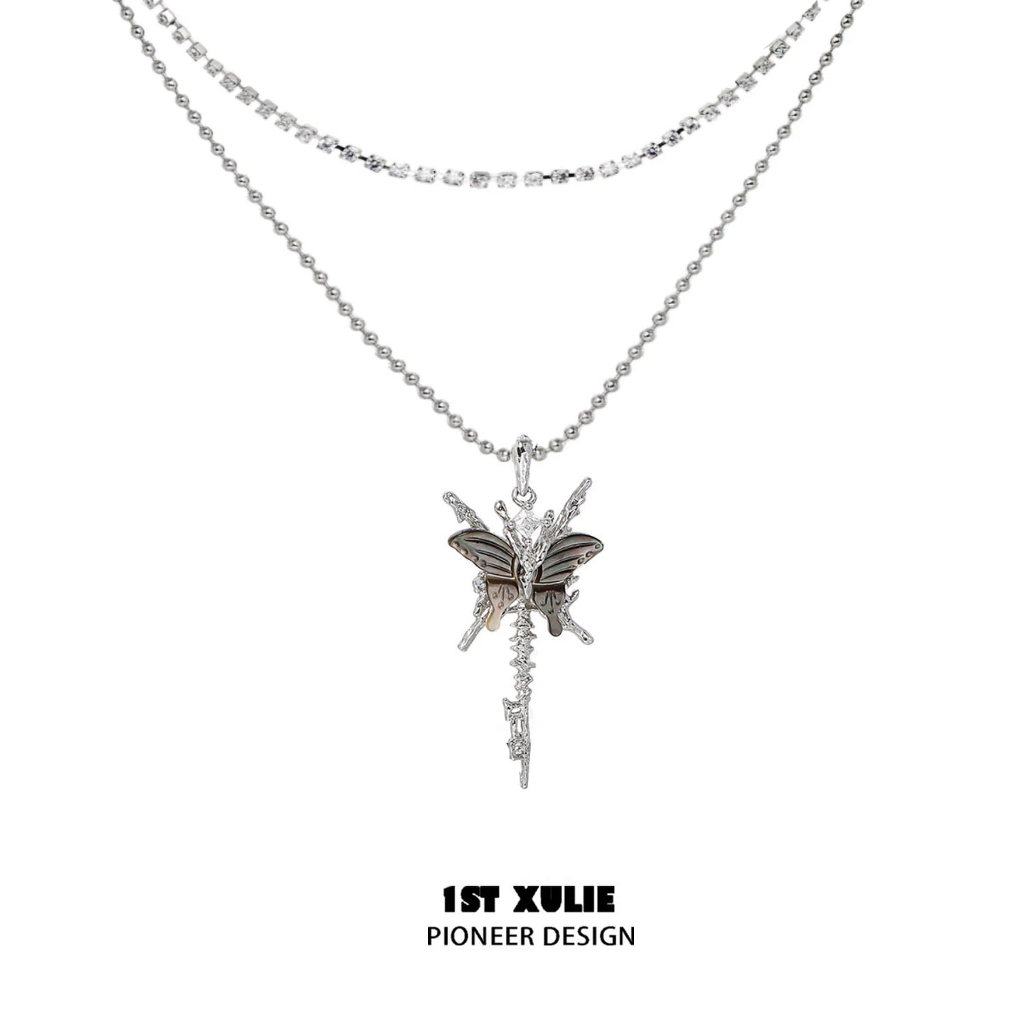 Skeleton butterfly pearl necklace with layered silver chains and intricate design for stylish elegance
