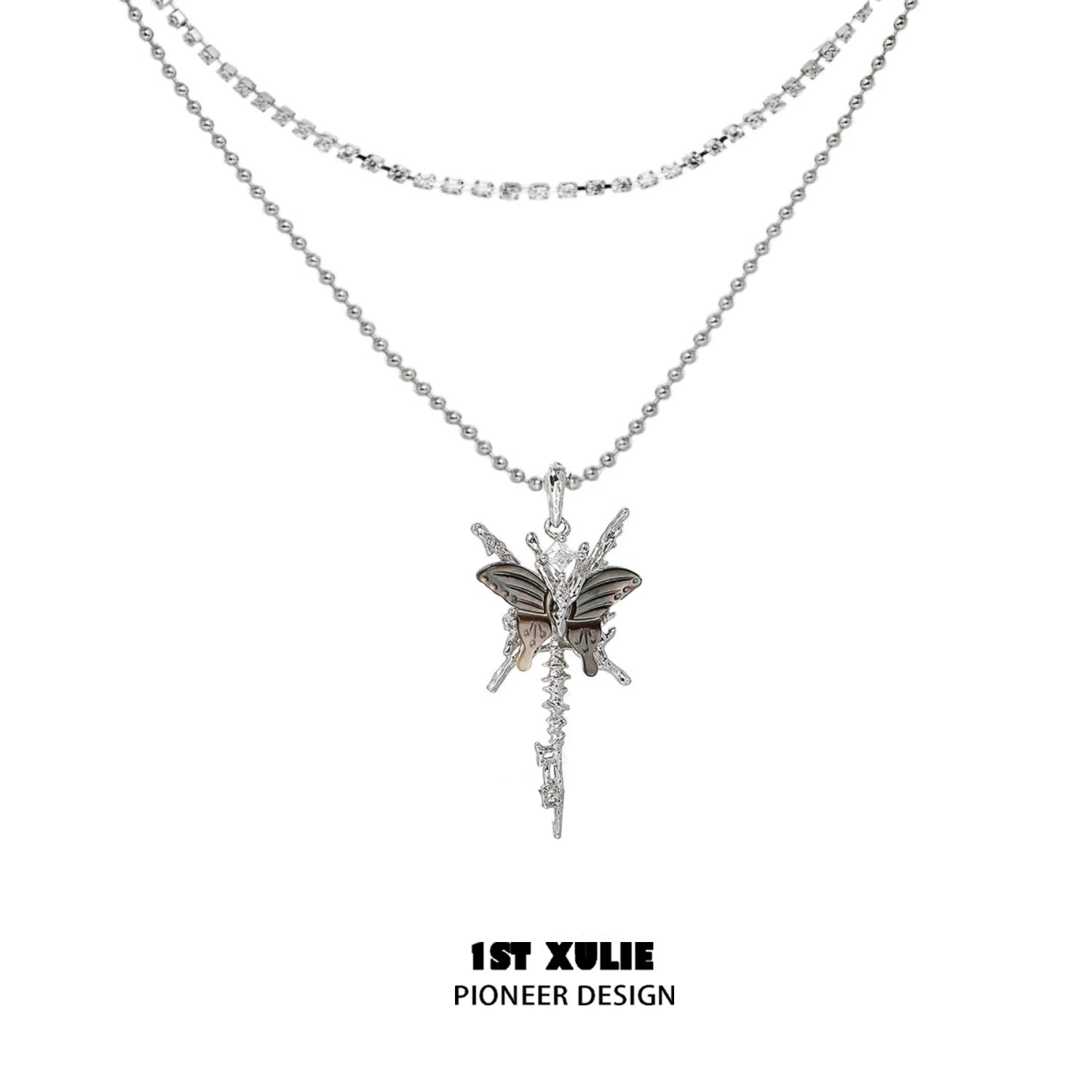 Skeleton butterfly pearl necklace with layered silver chains and intricate design for stylish elegance