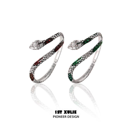 Slytherin snake couple rings in silver with red and green accents for stylish couples