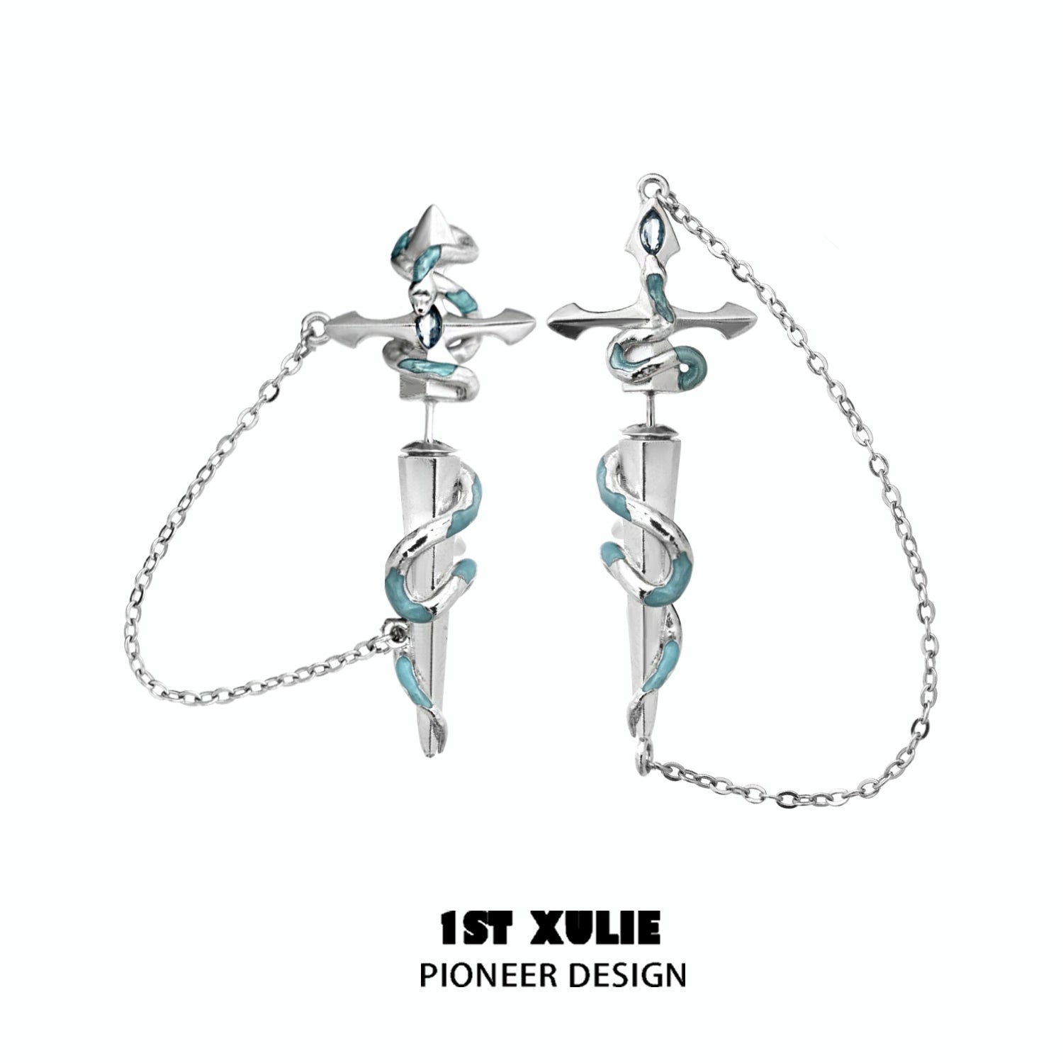 Stylish snake chain piercing earrings featuring silver and blue design, perfect for unique fashion statements