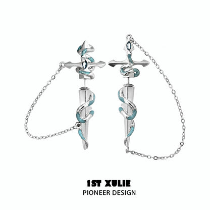 Stylish snake chain piercing earrings featuring silver and blue design, perfect for unique fashion statements