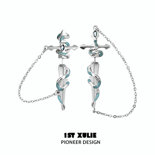 Stylish snake chain piercing earrings featuring silver and blue design, perfect for unique fashion statements
