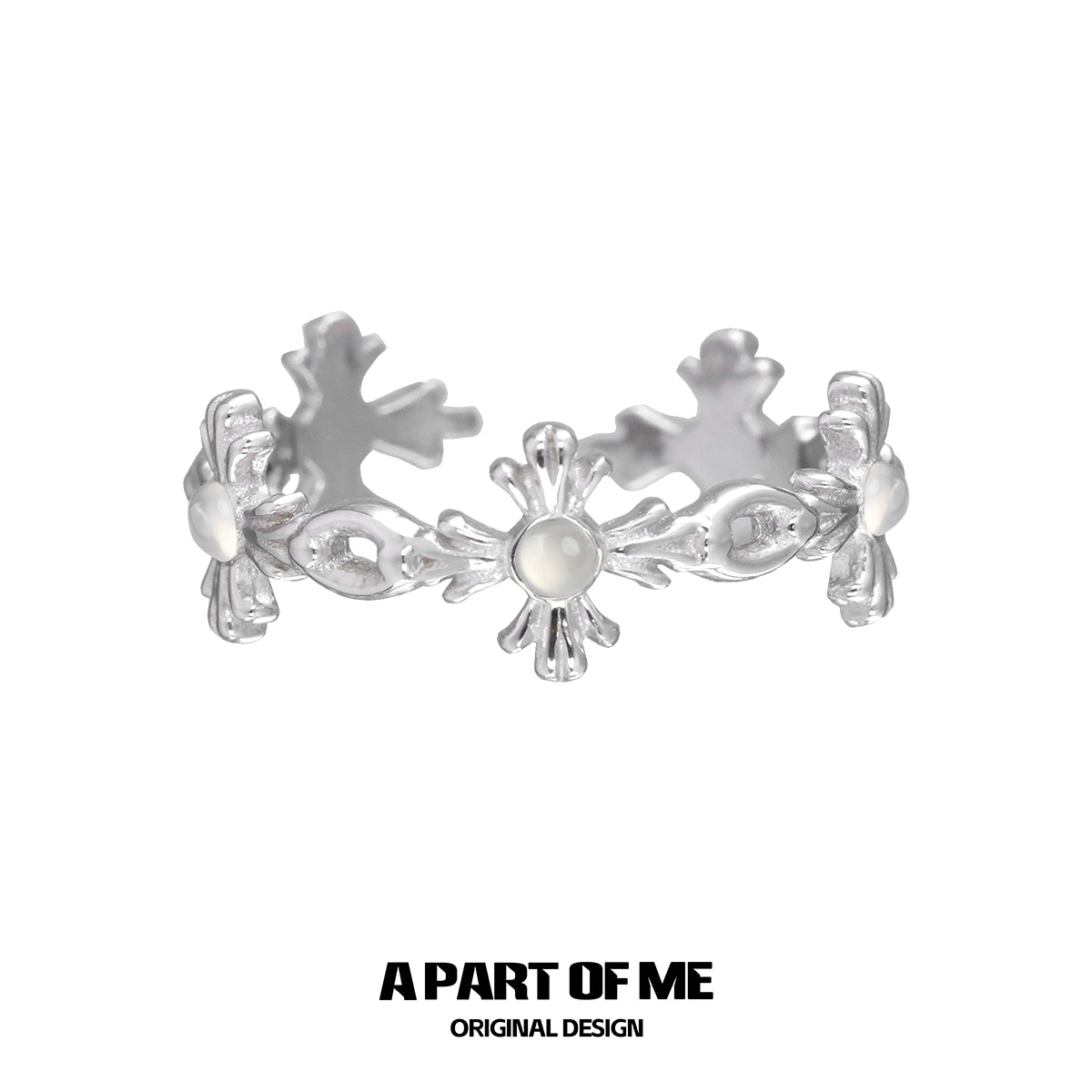 Silver snowflake cross agate ring featuring floral designs for a unique accessory