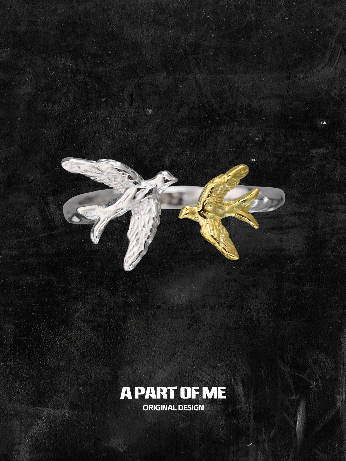 Soaring birds ring featuring a delicate silver and gold bird design, perfect for nature lovers