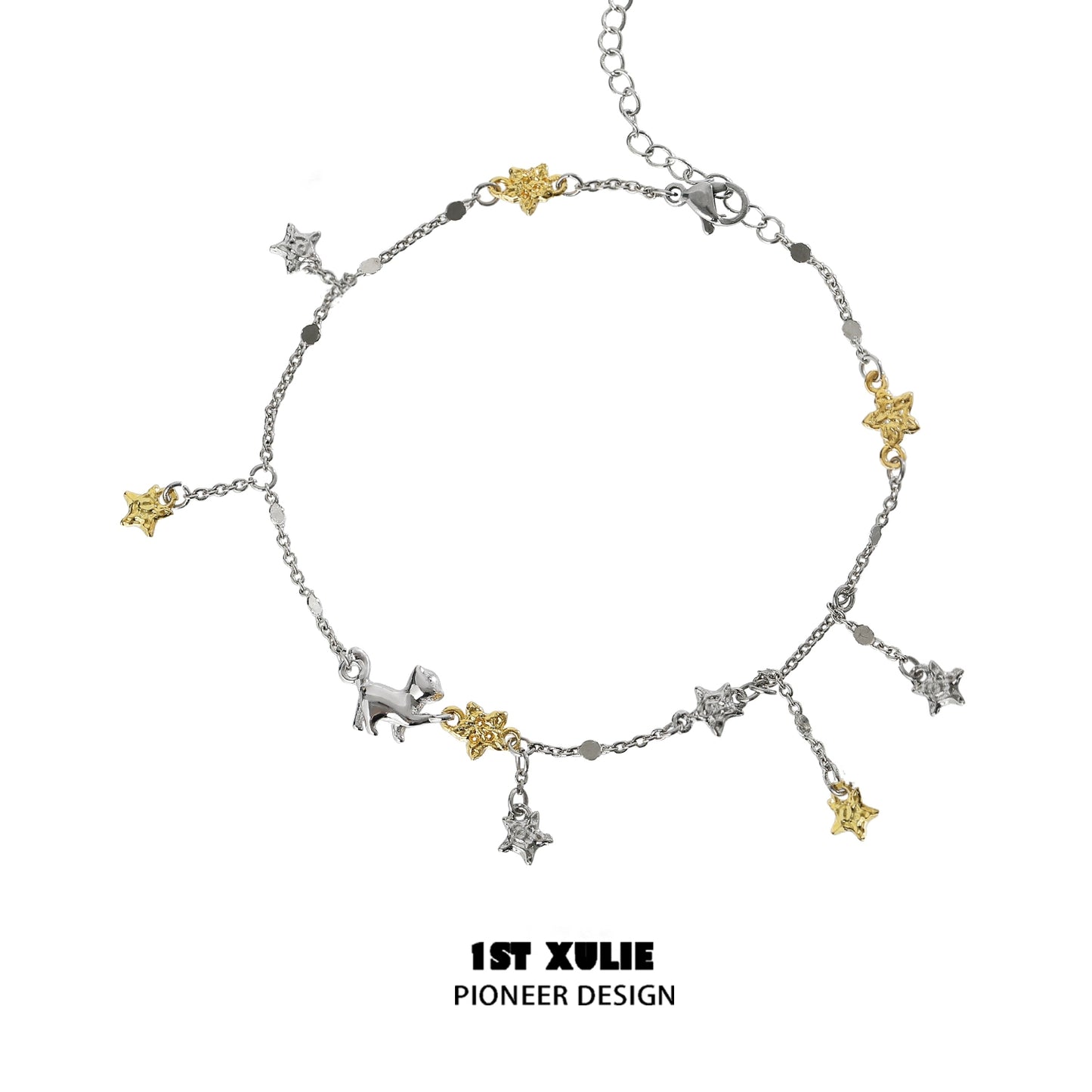 Star picking cat silver anklet with gold and silver star charms for a whimsical accessory