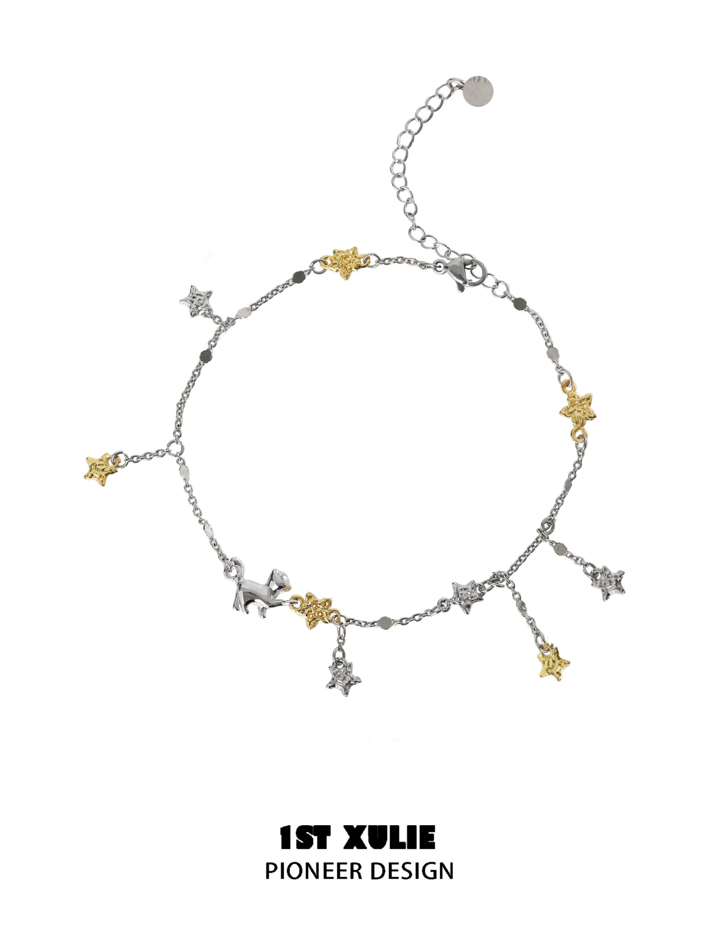 Star picking cat silver anklet with gold and silver star charms for a whimsical accessory