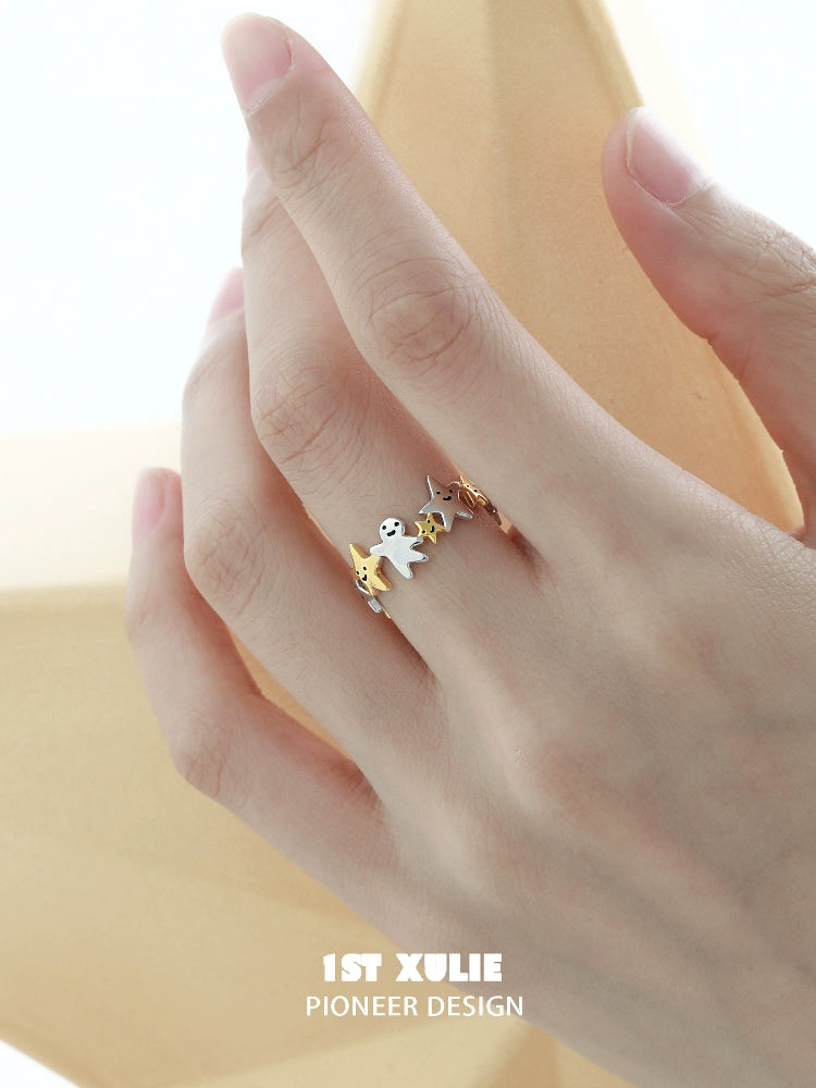 Stylish star shaped silver ring featuring playful design elements perfect for casual wear