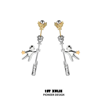 Unique 1ST XULIE star stud earrings featuring a playful design with silver and gold accents
