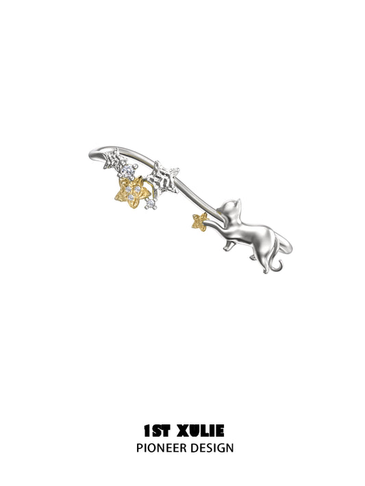 Unique starry cat ear cuff with silver and gold accents for a whimsical accessory look