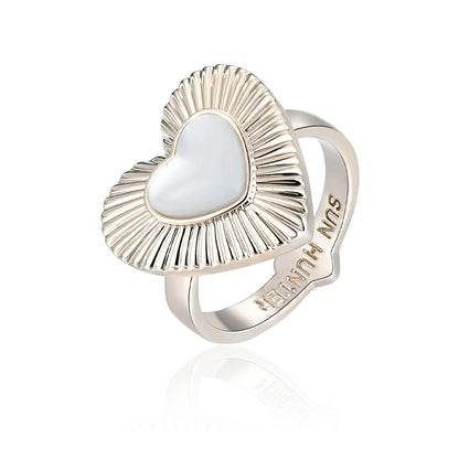Elegant Sun Hunter butterfly mother-of-pearl ring in heart shape with radiant detailing