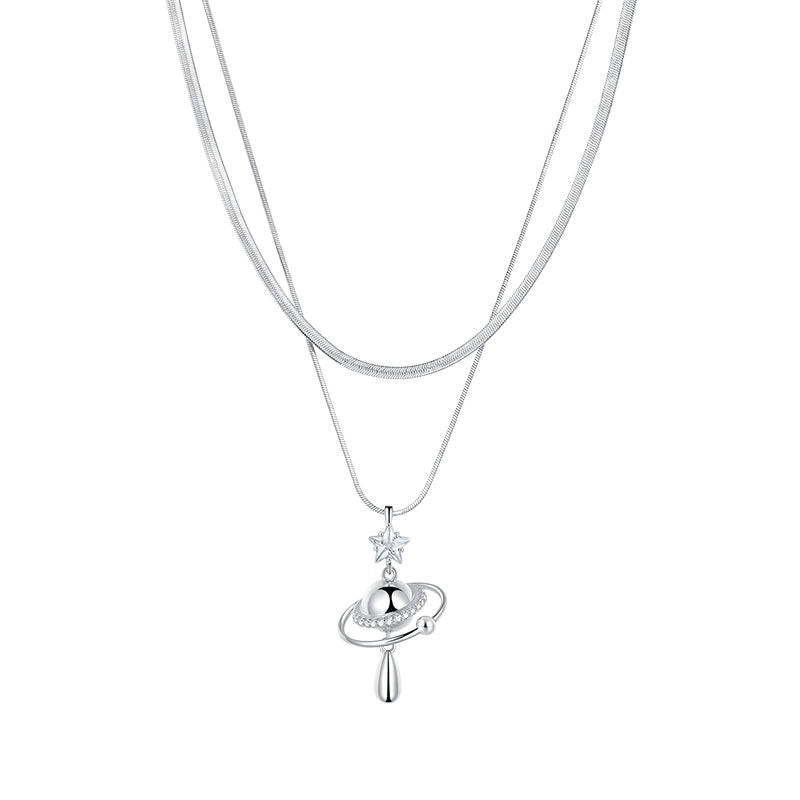 SUN HUNTER universe planet silver necklace featuring a layered design with a charming planet pendant