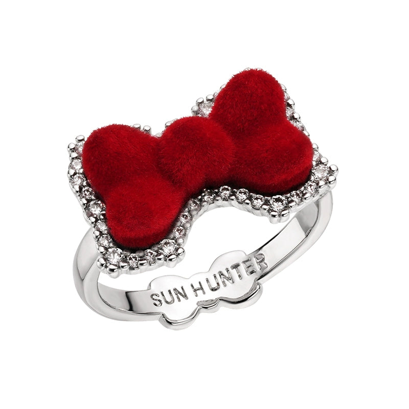 SUN HUNTER velvet butterfly heart ring in red with sparkling silver trim for a stylish look