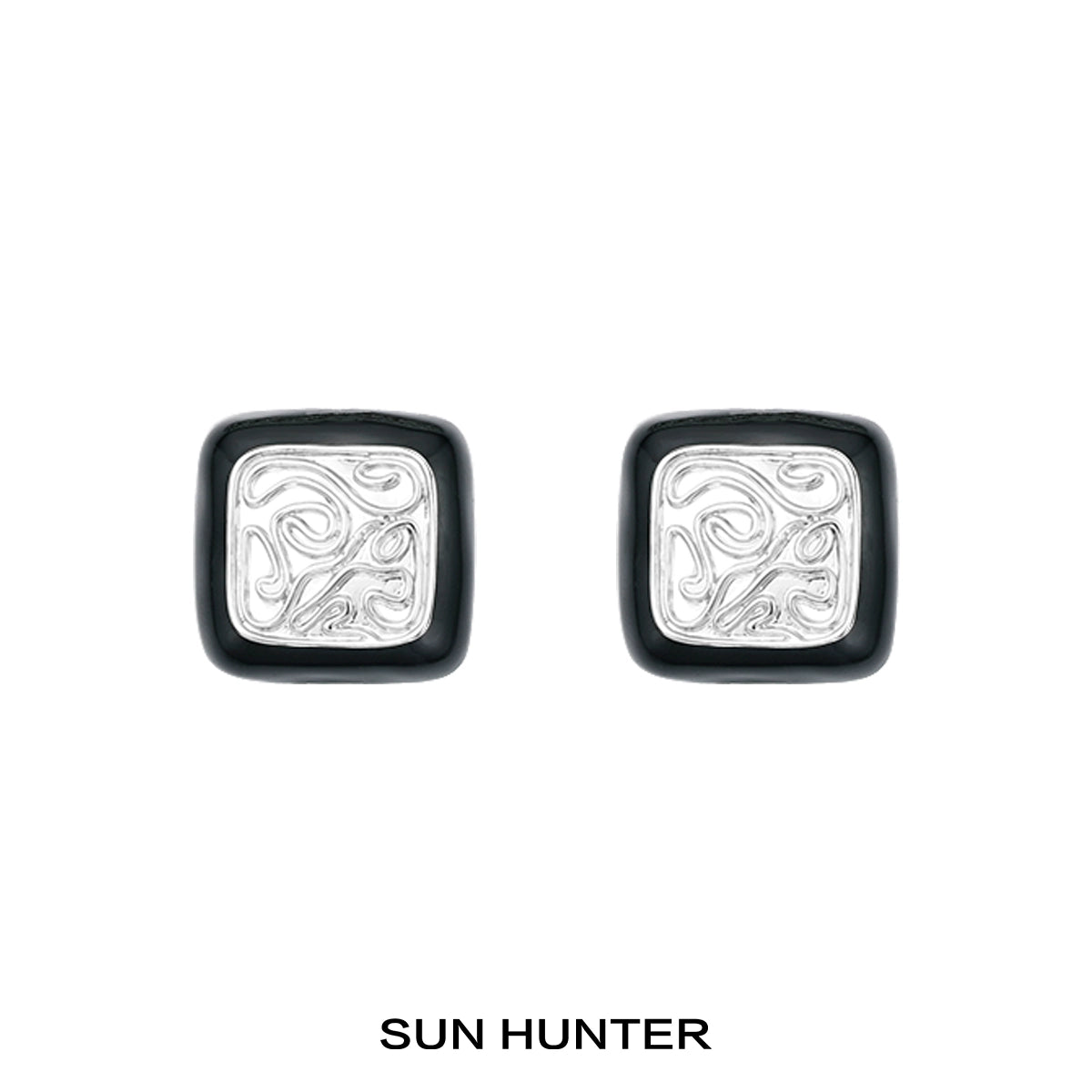 Vintage coin stud earrings by SUN HUNTER with intricate swirl design and a classic square shape