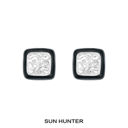 Vintage coin stud earrings by SUN HUNTER with intricate swirl design and a classic square shape