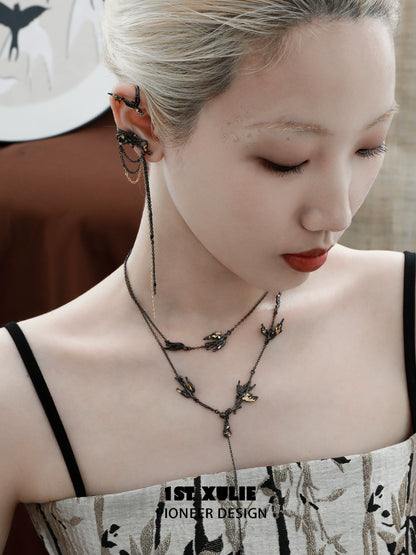 Elegant swallow ear clips jewelry design showcased on a model with intricate detailing