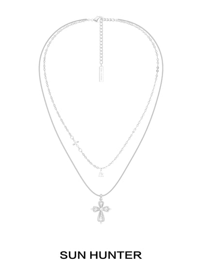 SUN HUNTER Teardrop Cross Necklace with Elegant Layered Design and Sparkling Stones