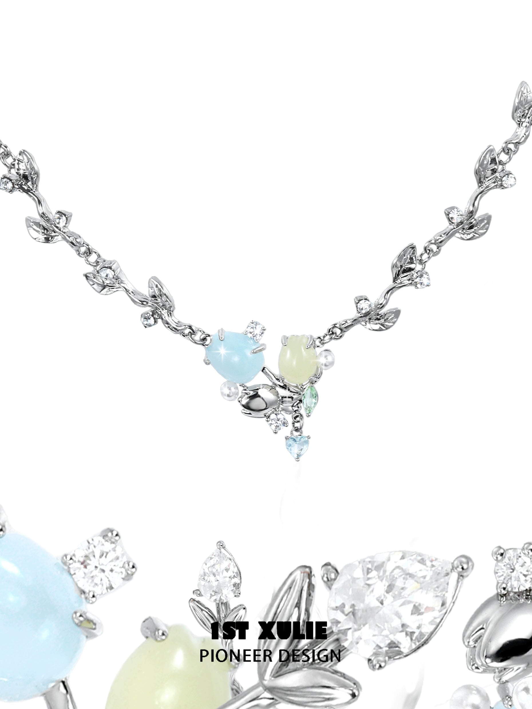 Elegant tulip clavicle necklace featuring colorful stones and leaf accents in a silver setting
