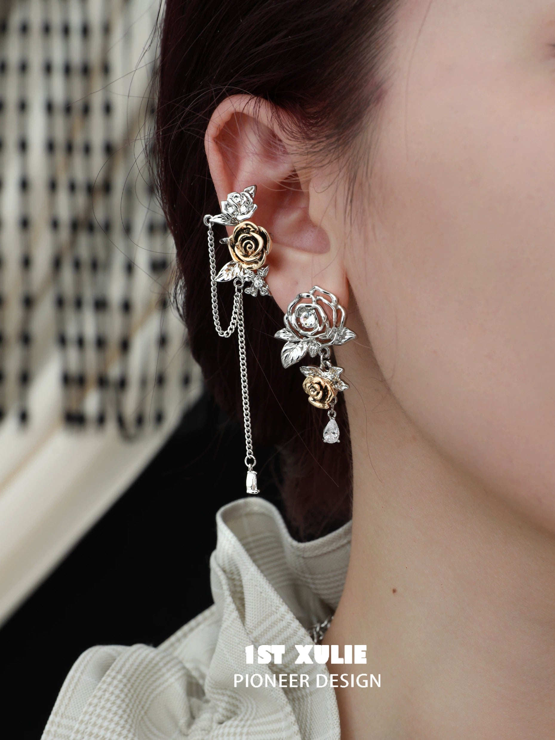 Unique twilight rose punk earrings featuring silver and gold roses with dangling chains